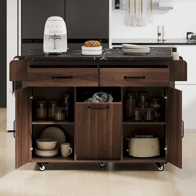 Kitchen Island with Trash Can Storage Cabinet,Kitchen Cart with Drop Leaf