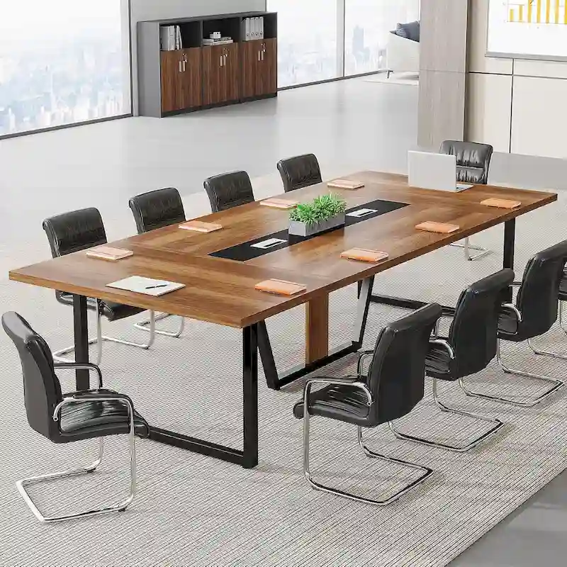 Large Rectangular Conference Table with Cable Management – Brown / Grey, Seats 8–10