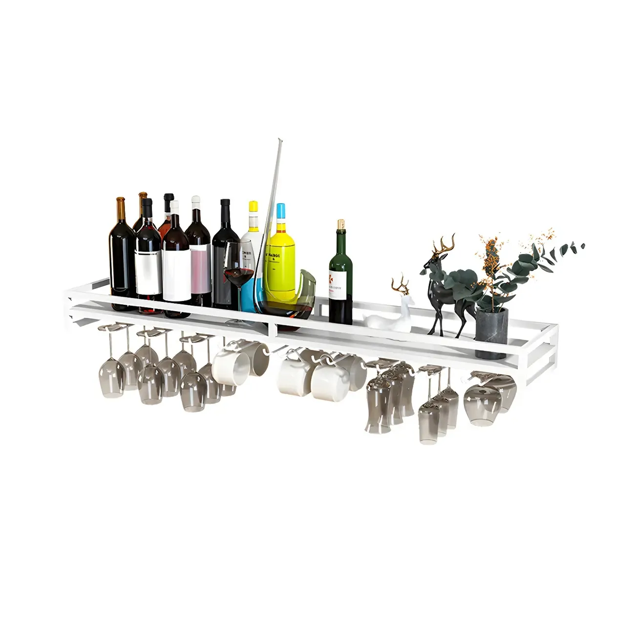 Floating Mount Metal Wine Glasses and Bottle Rack with Hook