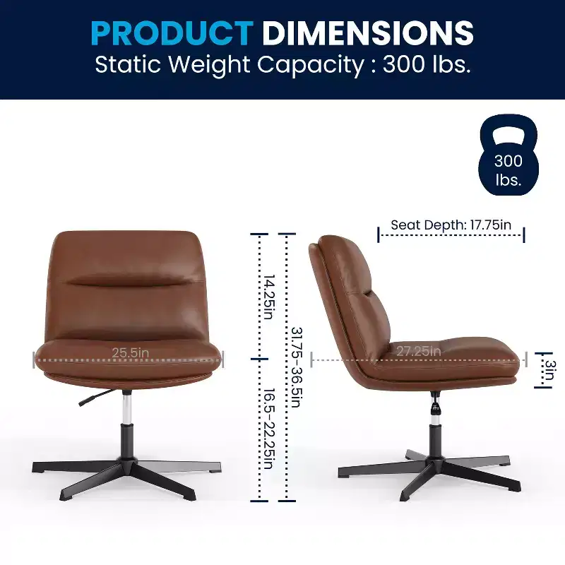 Merrick Lane Mid-Back Height-Adjustable Stationary Armless Swivel Office Chair - Padded Upholstered Wide Back and Seat, Strong Frame