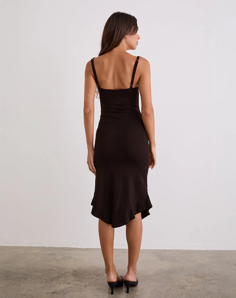 Quelin Midi Dress in Chocolate Brown with Rose Embroidery