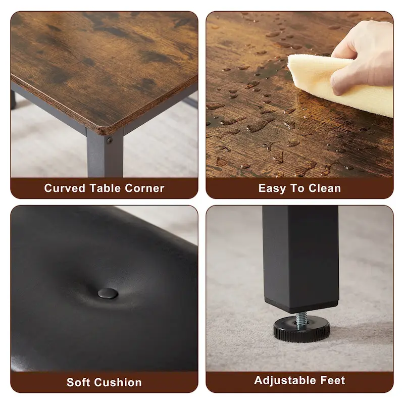 3-Piece Dining Table Set, Rectangular Dining Table with 2 Benches, Rustic Brown and Black