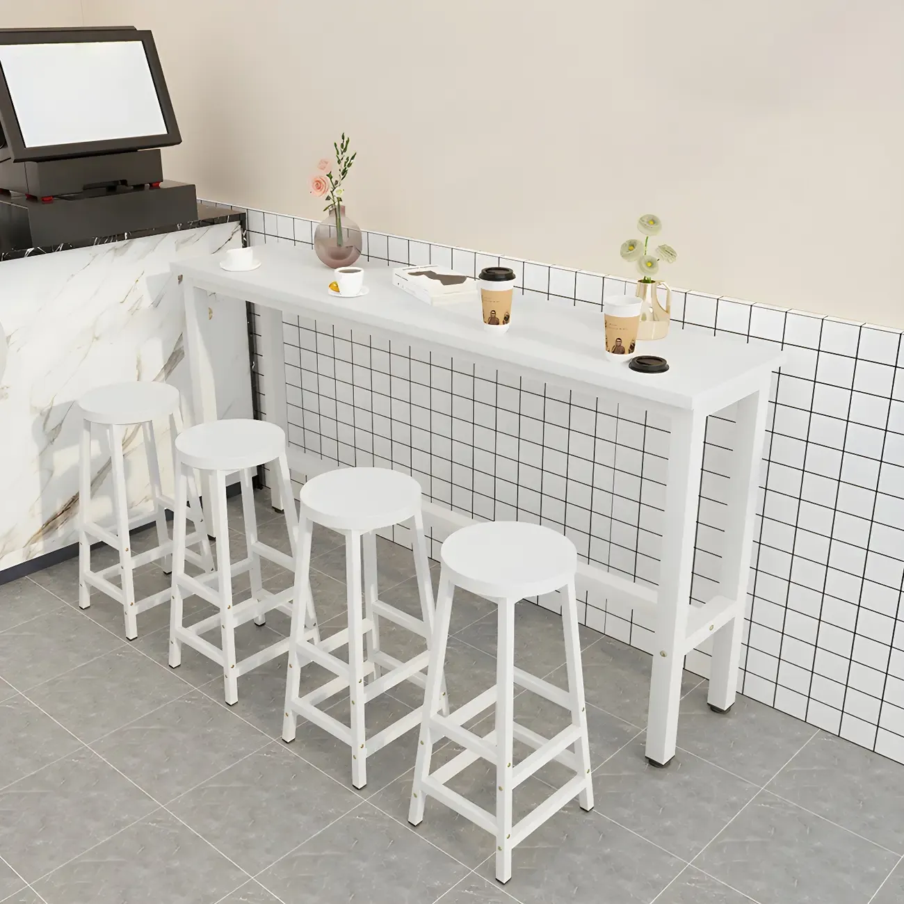 Rectangular Natural Wood Metal Trestle Bar Tables