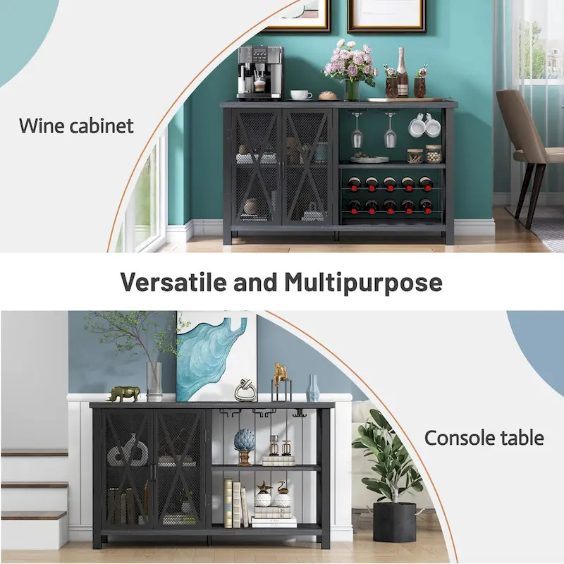 Myhozm Buffet Bar Cabinet with Wine Rack, Modern Buffet/Sideboard Wine Bar Dining Server, Grey/Brown