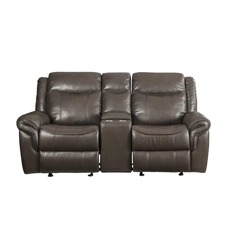 Leather Motion Loveseat with Console and USB Port in Brown