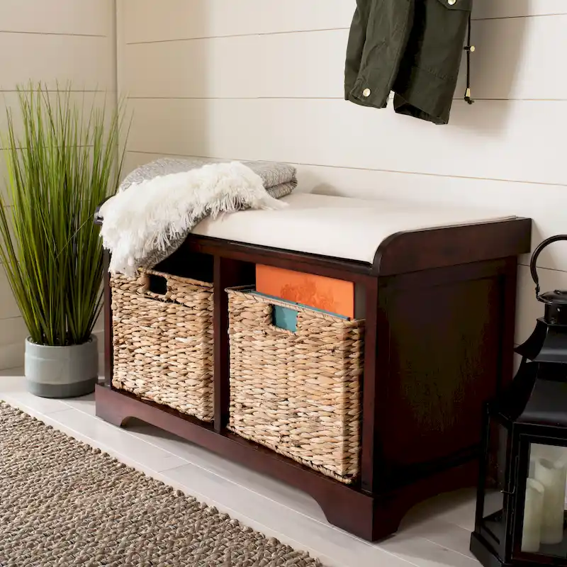 SAFAVIEH Euphemia Brown Woven Storage Basket Bench - 33.5 x 16.1 x 19.9 - 34Wx16Dx20H