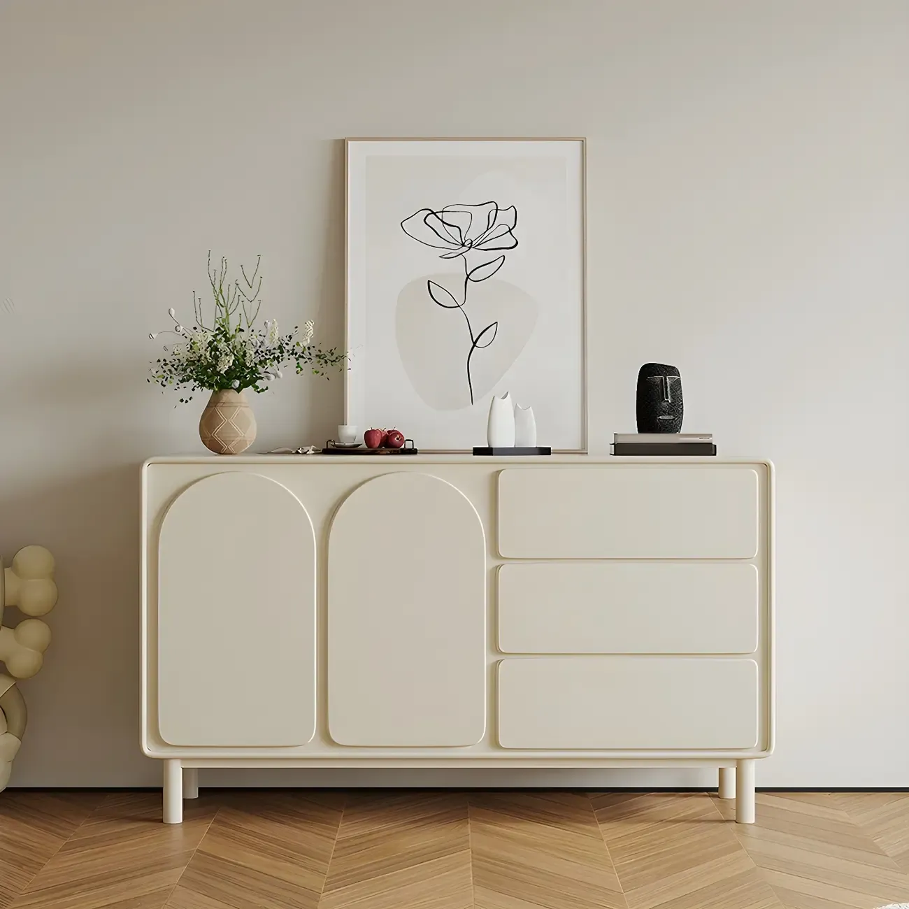 Durable Off-White Wooden Combo Dresser with Shelves