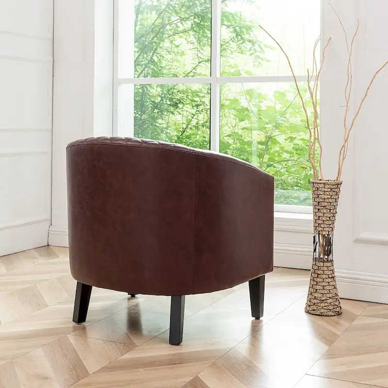 KINWELL PU Leather Tufted Barrel Chair Club Armchair with Nailheads