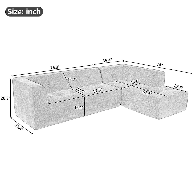 112.2 Chenille Modular L-Shaped Sofa Bed with Free Combination Design and No-Assembly Required