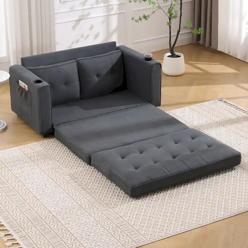 Oaks Aura Upholstered Futon Sofa with Pull-Out Sleeper Couch, Muticolour Choice Foldable Tufted Loveseat With Cup Holder