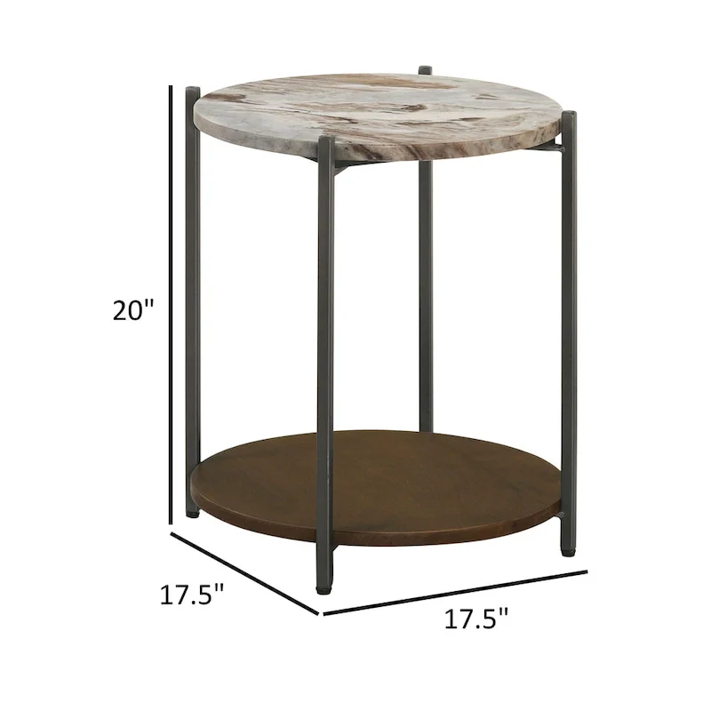 20 Inch Accent Table, Round Marble Top, 1 Shelf, Brown, Gunmetal Finish