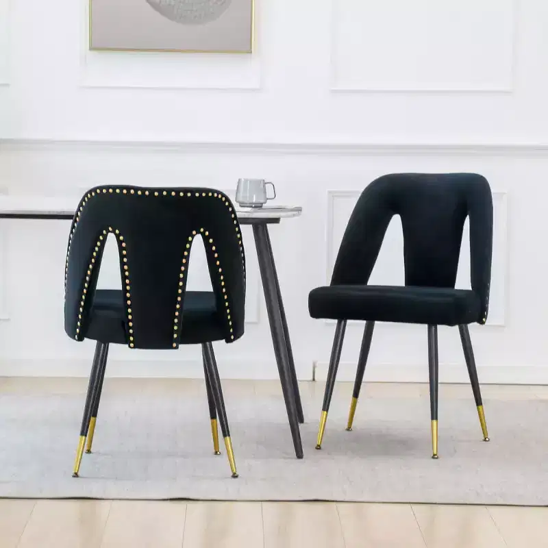 Velvet Upholstered Dining Chairs Set of 2, Accent Chairs with Nailhead Trim and Gold-Tipped Black Metal Legs for Kitchen or Dining Area - Panipeachy