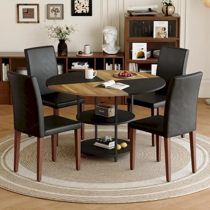 Modern Dining Table Set,Round Table with Storage & Technology Fabric Dining Chairs,Easy to Install
