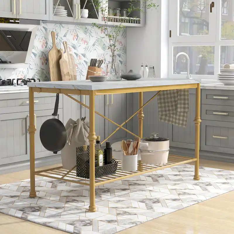 Avya Contemporary White and Gold 58-inch Wide Marble Top Kitchen Island by Furniture of America