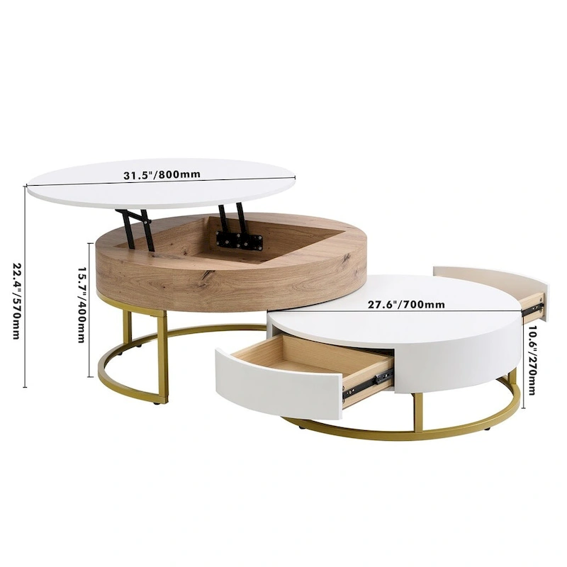 Merax Modern Round Lift-top Nesting Coffee Tables with 2 Drawers