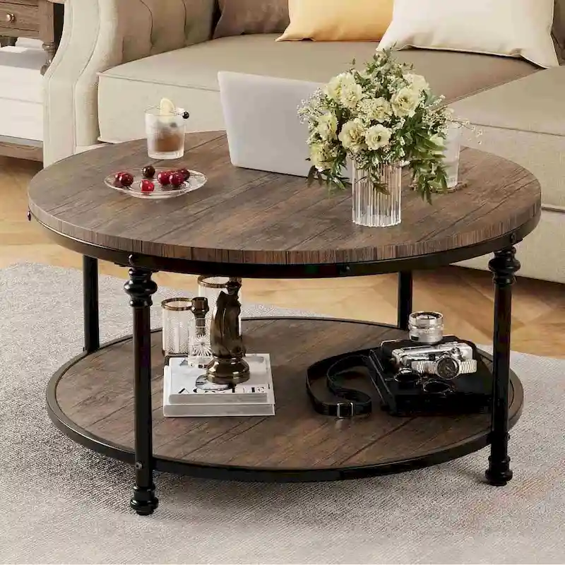 34.2in Wood Circle Coffee Table, with Storage Shelf, Metal Legs