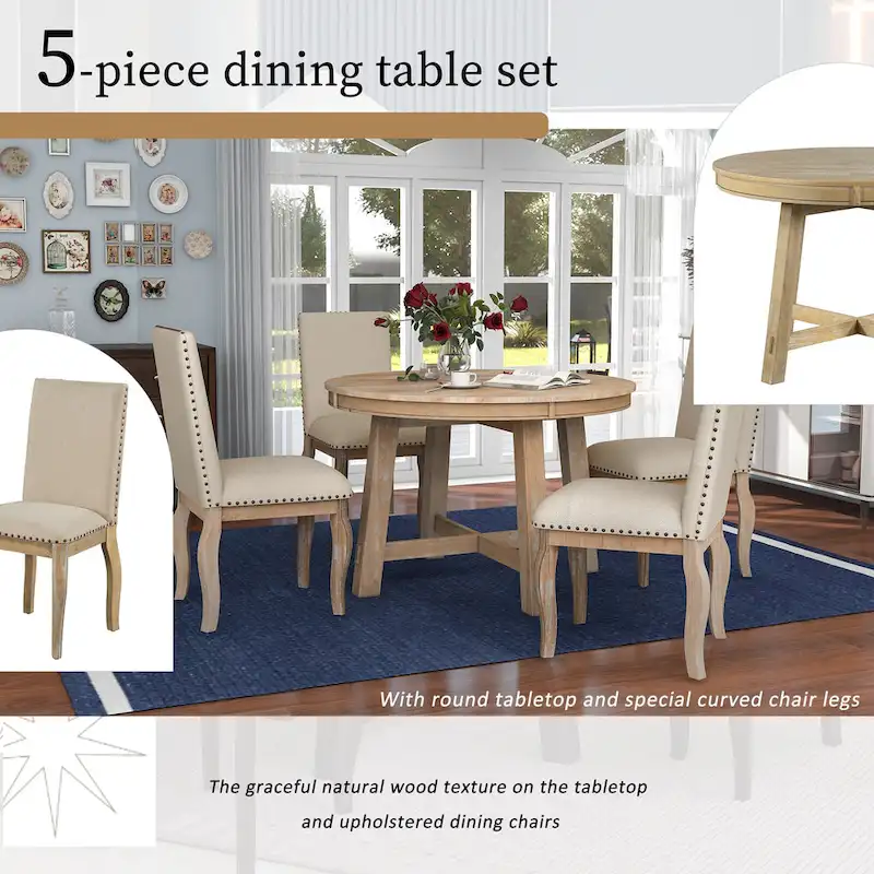 5 Piece Dining Table Set, Wooden Round Kitchen Dining Table Set with Extendable Dining Table and 4 Upholstered Dining Chairs