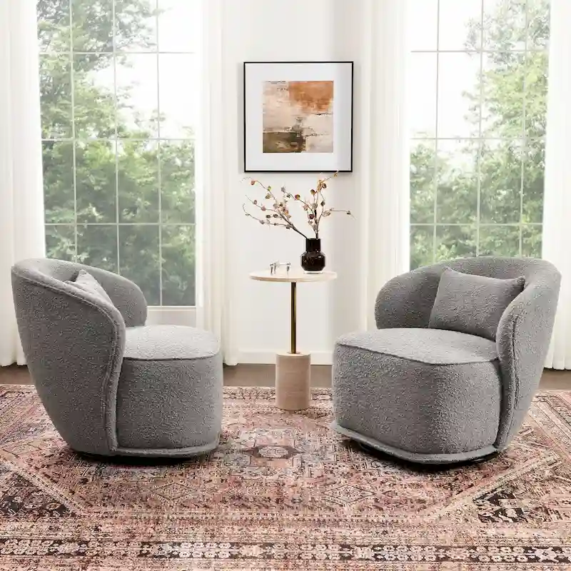 KINWELL 33 W Sherpa Boucle Upholstered Accent Swivel Chair (Set of 2)