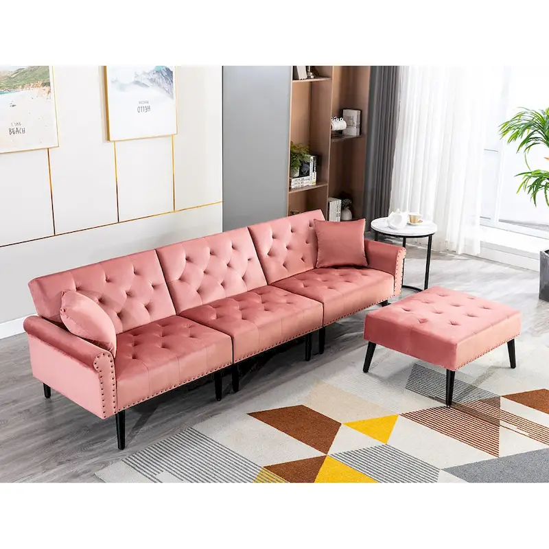 Convertible Velvet Sofa Couch, Sectional Sofa with Ottoman, Mid-Century Futon Sofa Bed - 32D x 100.7W x 29.9H