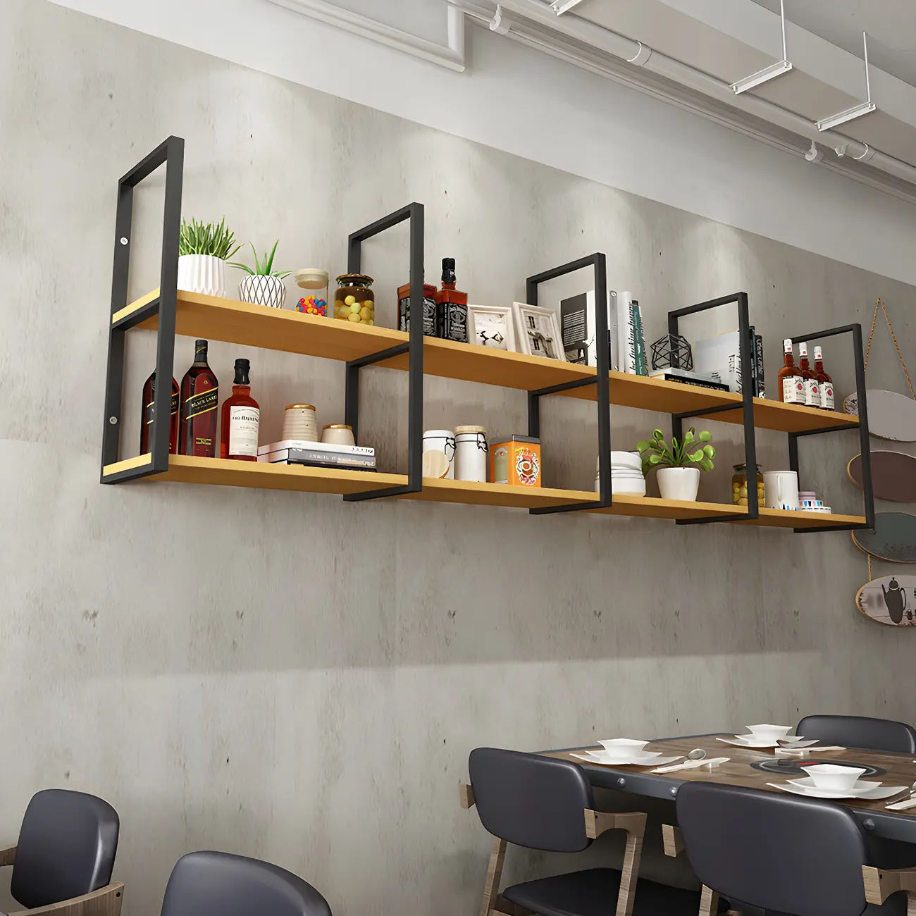 Industrial Wall-Mounted 3-Tier Wood Display Shelf