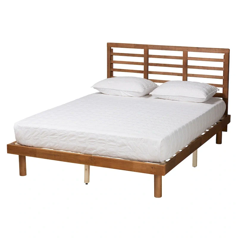 Mid-Century Modern Wood Platform Bed with Adjustable Slatted Headboard