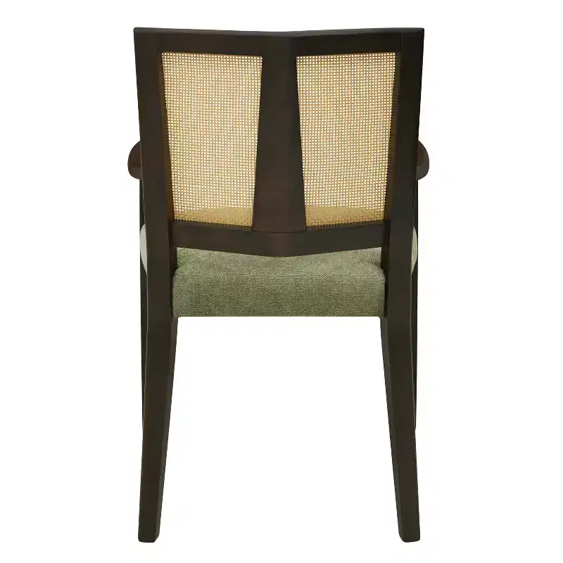 Beige/Dark Brown Upholstered Dining Arm Chairs with Rattan Back, Set of 2