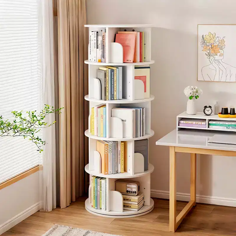 White 5-Tier Rotating Bookshelf with Drawers, for 1 Person