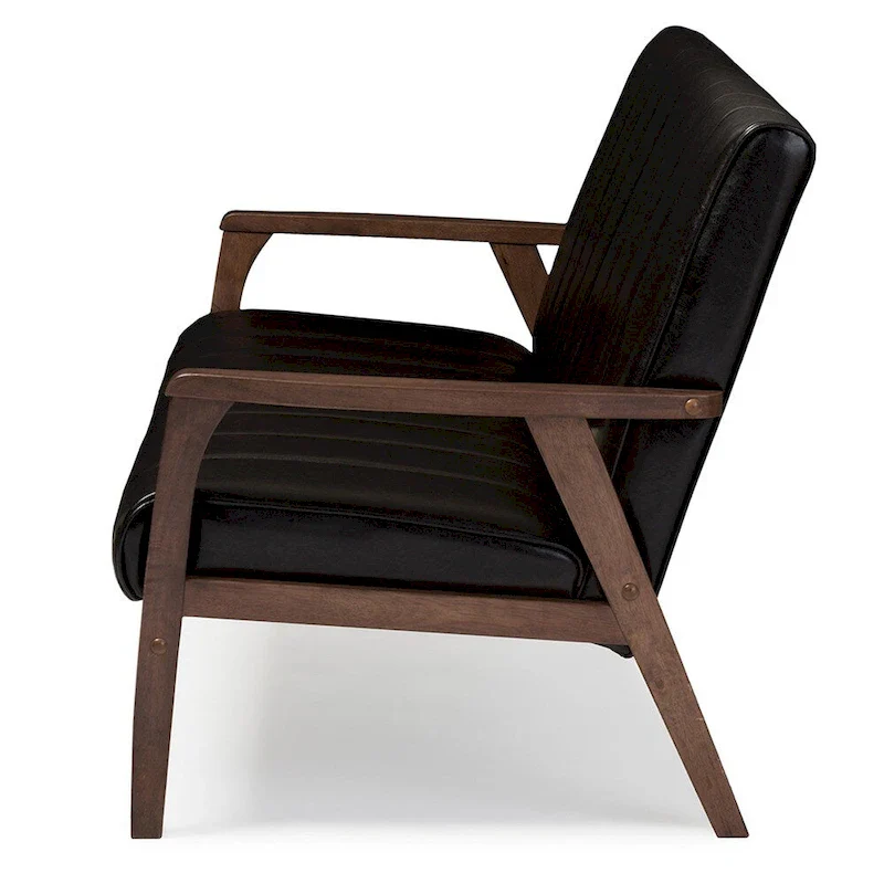 Mid-Century Modern Sofa - Dark Brown Faux Leather, Rubberwood Frame, 3-Seater, 63.98W x 31.89H