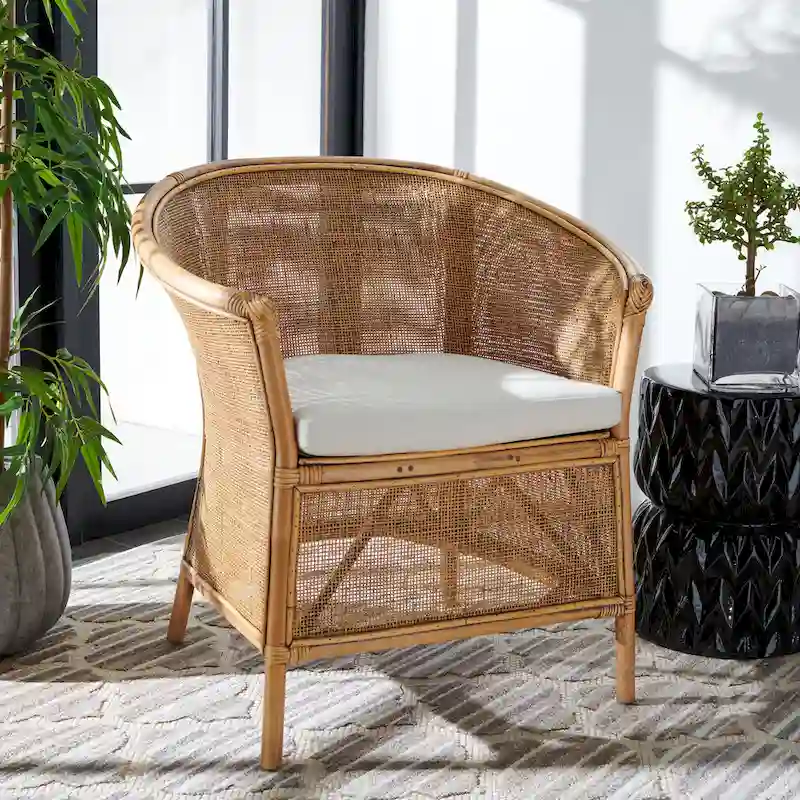 SAFAVIEH Adline Rattan Honey Brown Accent Chair with Cushion - 29.9 W x 25.6 L x 31.5 H - 30Wx26Dx32H