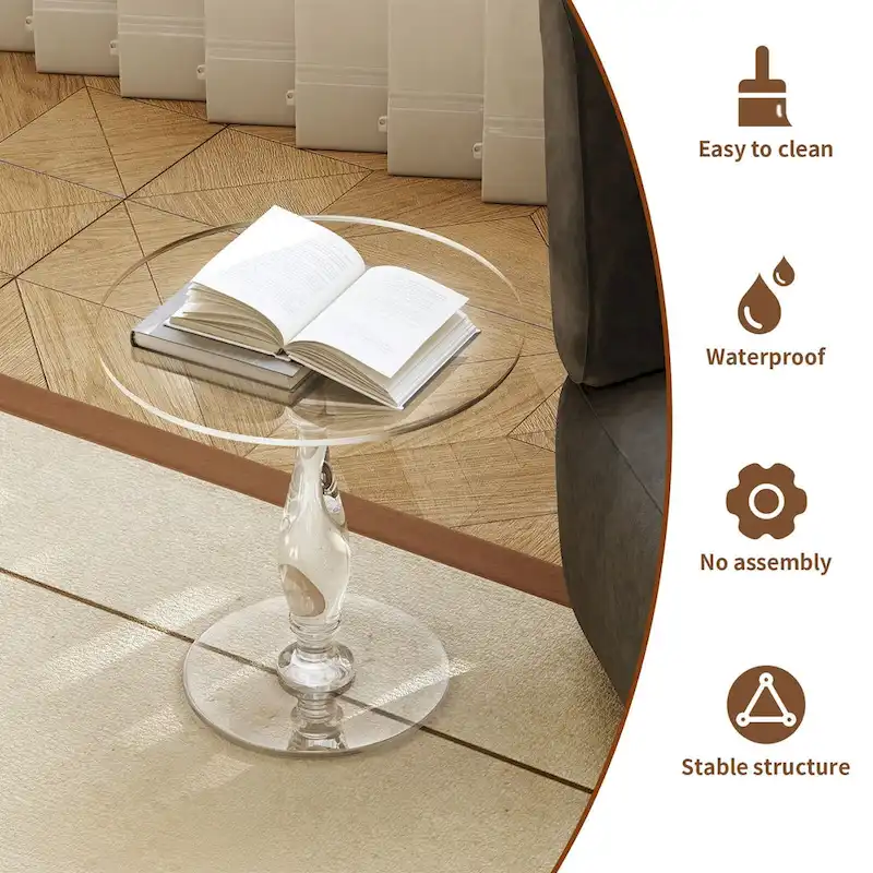 Clear Acrylic Round End Table Solid Post Side Table Nightstand - 18 Dia. x 19 H