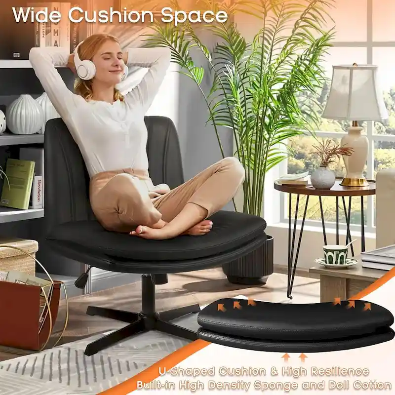 Criss Cross Chair Armless Office Desk Chair No Wheels,PU Leather Padded Modern Swivel Vanity Chair office chair