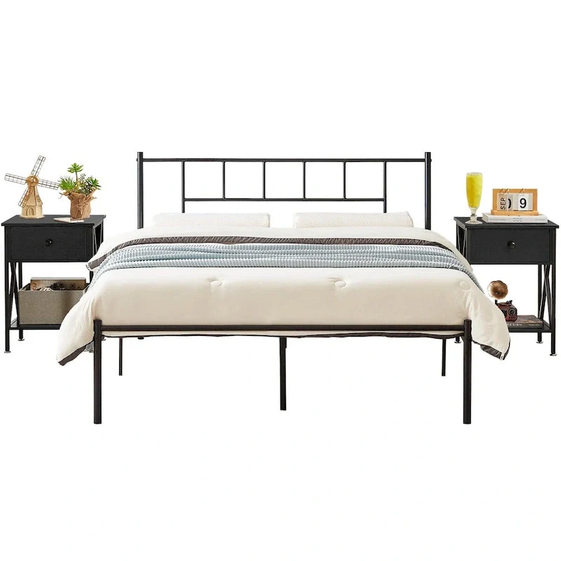 VECELO 3-Pieces Bed Frame with Wood Headboard and Modern Nightstands Set of 2