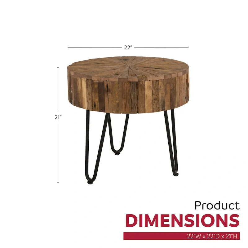 Sawyer 22 in. Round Reclaimed Wood Accent End Table with Black Hairpin Metal Legs