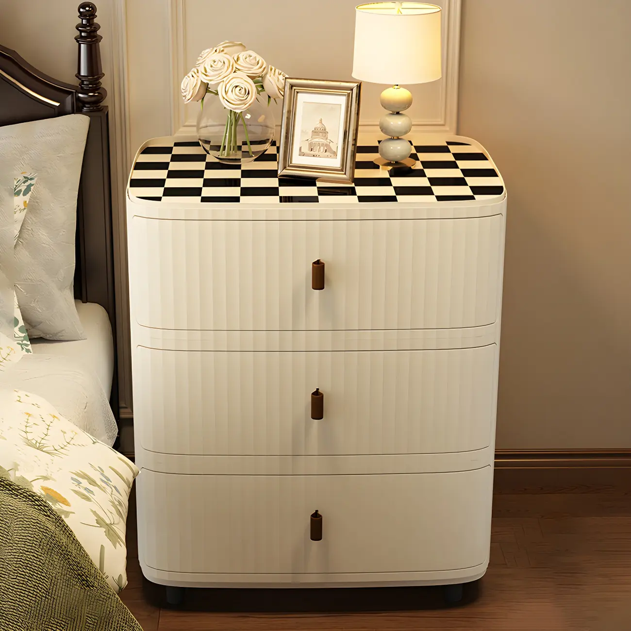 Modern Black And White Grid Top Nightstands with Drawers