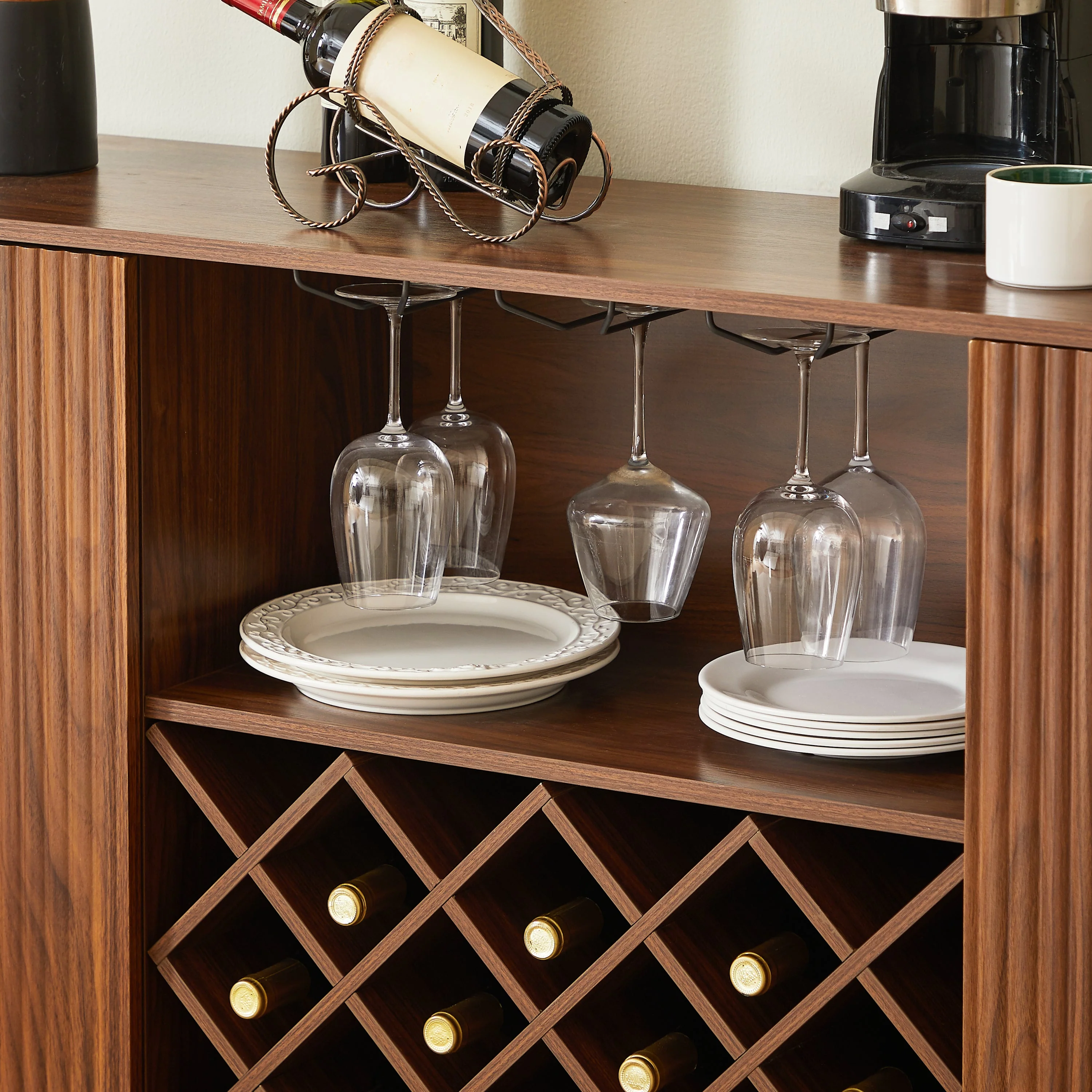 Modern Fluted Curve 58' Wine Rack Bar Cabinet / Sideboard