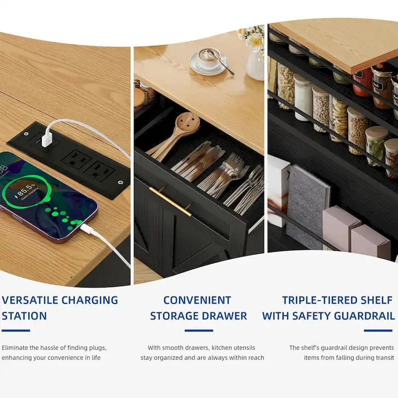 Kitchen Island Drop Leaf Double Tilt Out Trash Cabinet with Power Outlet & Wheels