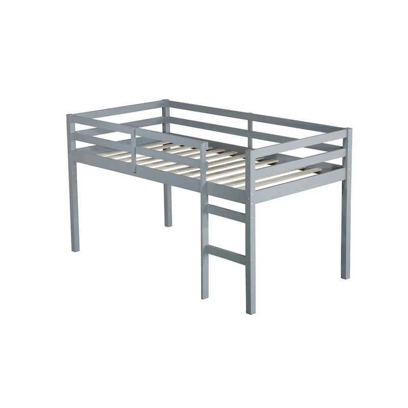 Grey Twin Size Rubber Wooden Loft Bed with Ladder, Bed Platform of Strengthened Slats