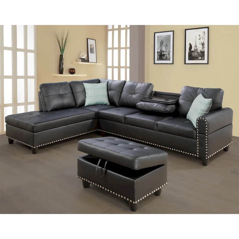 Faux Leather Sectional Sofa with Ottoman and 2 Pillows