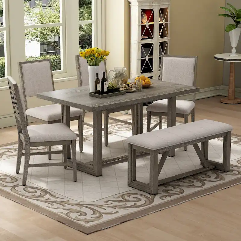 6 Piece Dining Table Chair Set, Wooden Kitchen Furniture Set with Acacia Wood Rectangular Table, 4 Chairs and 1 Bench