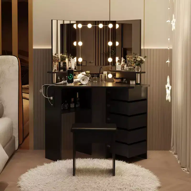 Corner Makeup Vanity Desk with LED Lights and Rotating Drawers, Single Person