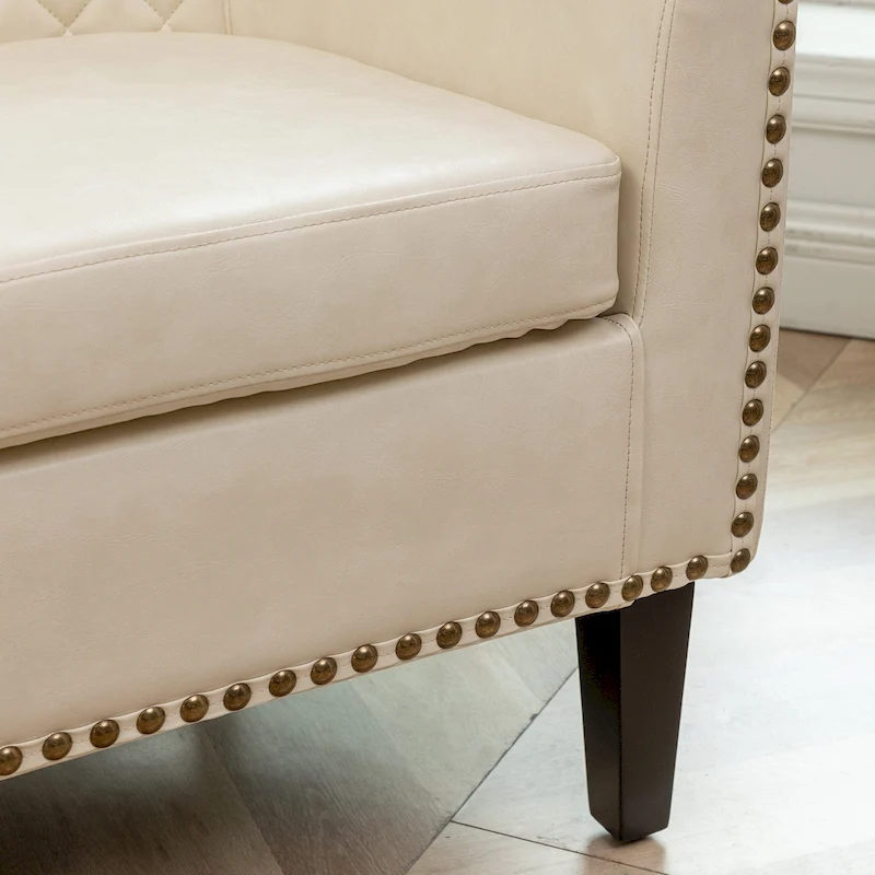 KINWELL PU Leather Tufted Barrel Chair Club Armchair with Nailheads