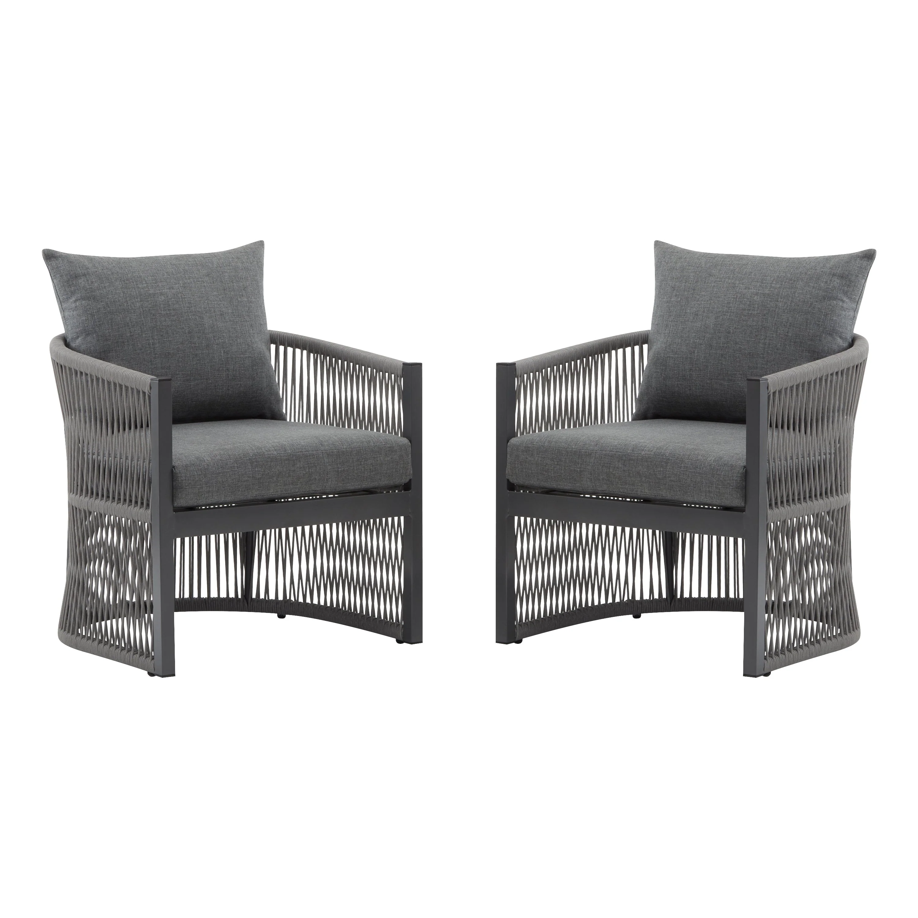 Walker Edison | Stylish Rope-Weave Gray Curved Outdoor Chairs Set of 2