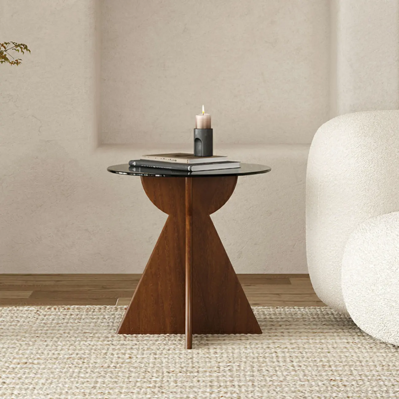 Brown Round Glass Top Wood Geometric X-Base End Table