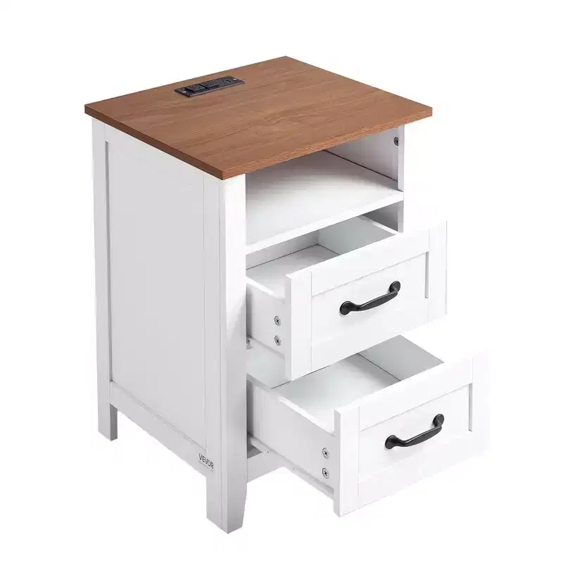 Farmhouse Nightstands, with Charging Station, Set of 2, End Tables with 2 Drawers and Open Shelf