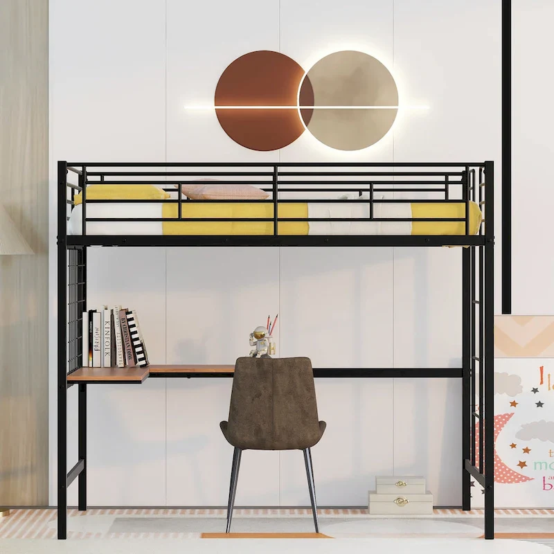 Black Twin Size Metal Loft Bed with Desk, Ladder, and Metal Grid for Kids