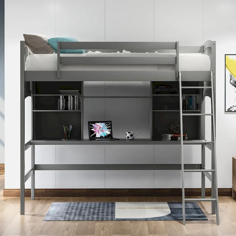 Twin size Loft Bed with Storage Shelves