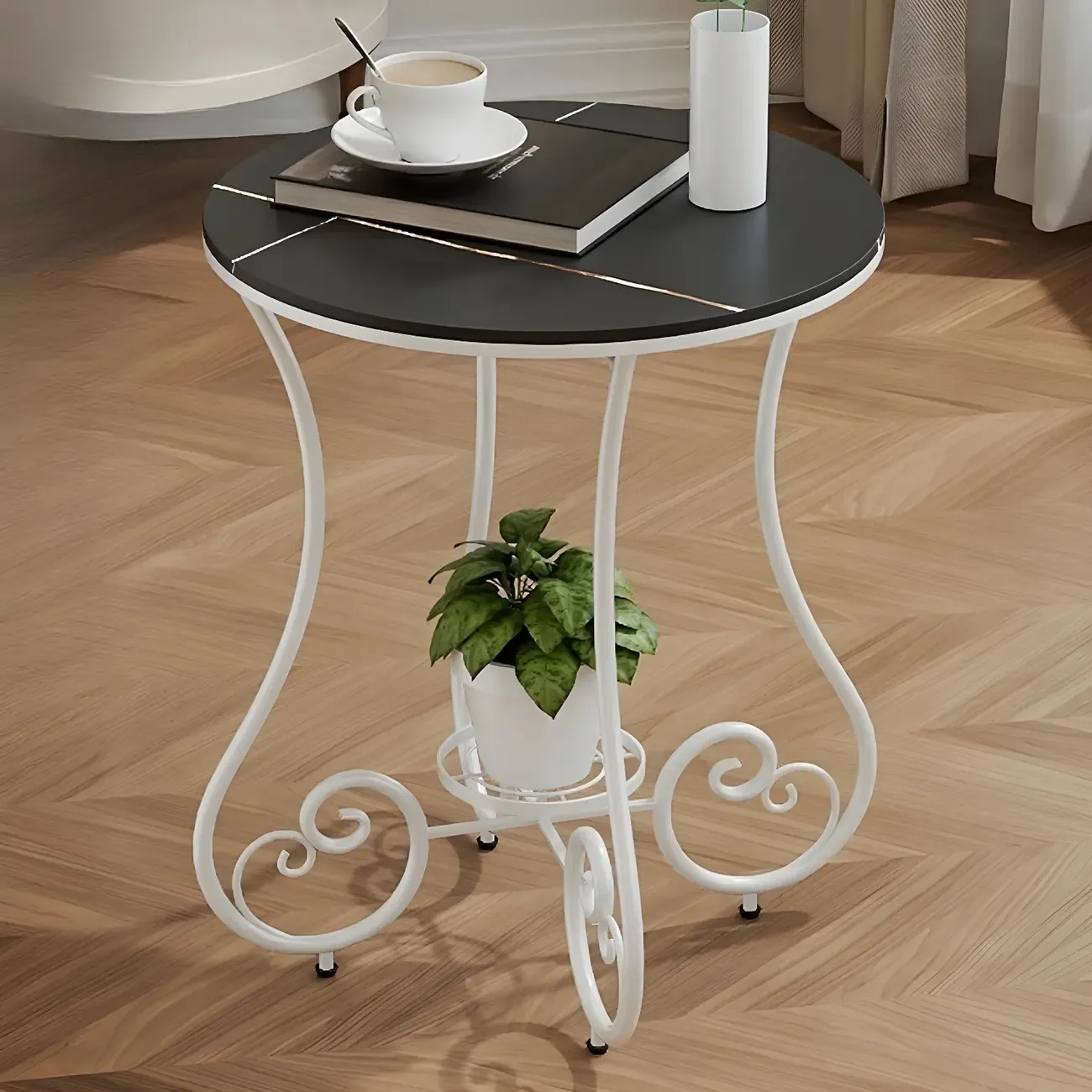 Modern Gloss Finish Steel Marble-Top Round Side Table
