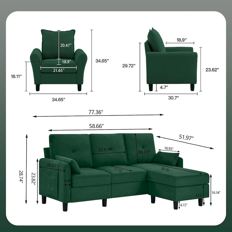 3-Pieces Sectional Sofa Set with Ottoman and Chair