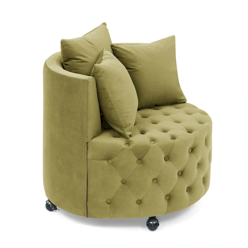 Living Room Velvet Swivel Chair with Button Tufted Design, 3 Pillows & Movable Wheels