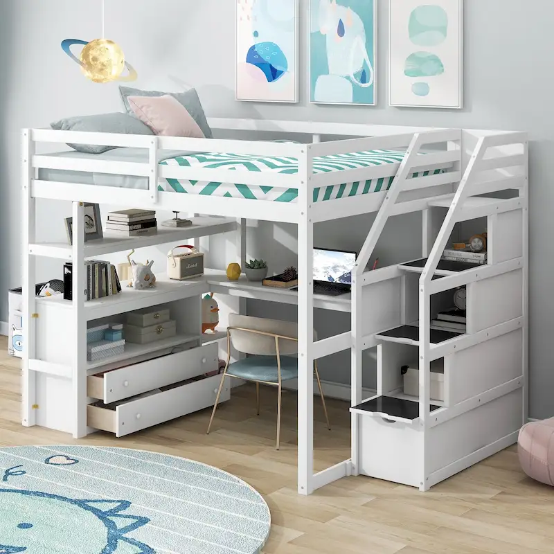 White Full Pine Loft Bed with Desk and Storage